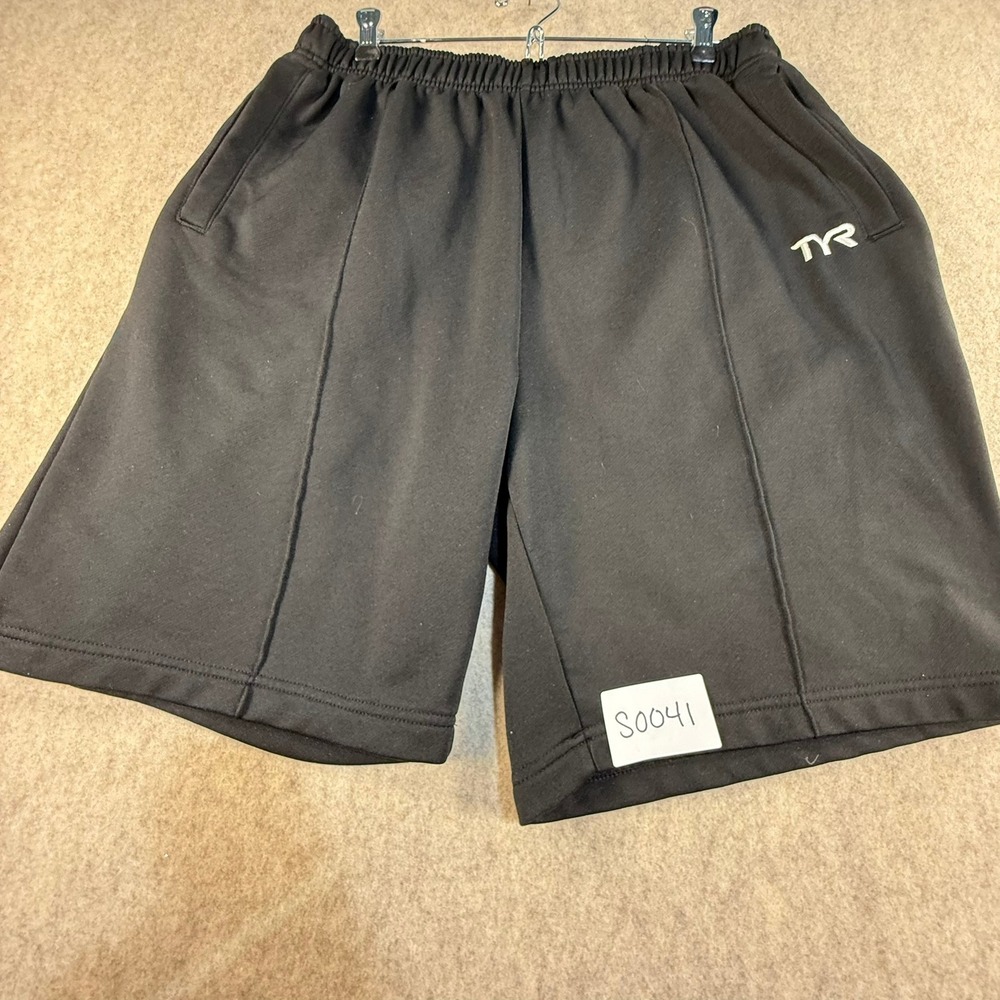 TYR Mens Athletic Shorts Black Elastic‎ Waist Pintuck Fleece Lined Size Large